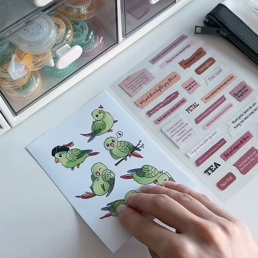 Sticker sheets and washi tapes on the desk