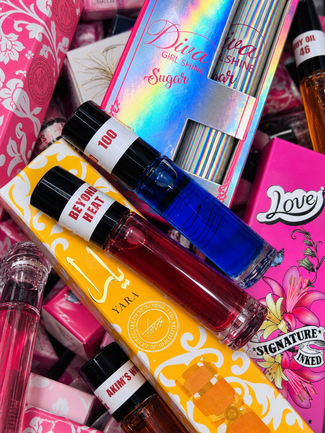 Close-up of mini perfumes in the scent bin